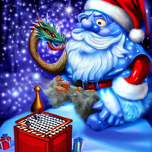 Prompt: blue santa playing checkers against a christmas themed dragon, digital art, highly detailed,