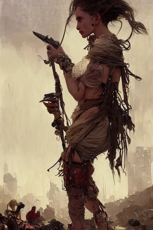 Prompt: a full body portrait of a beautiful post apocalyptic offworld artisans district bedouin blind pulp fiction scarlet wild rogue barbarian leper begging by the roadside, intricate, elegant, highly detailed, digital painting, artstation, concept art, smooth, sharp focus, illustration, art by krenz cushart and artem demura and alphonse mucha