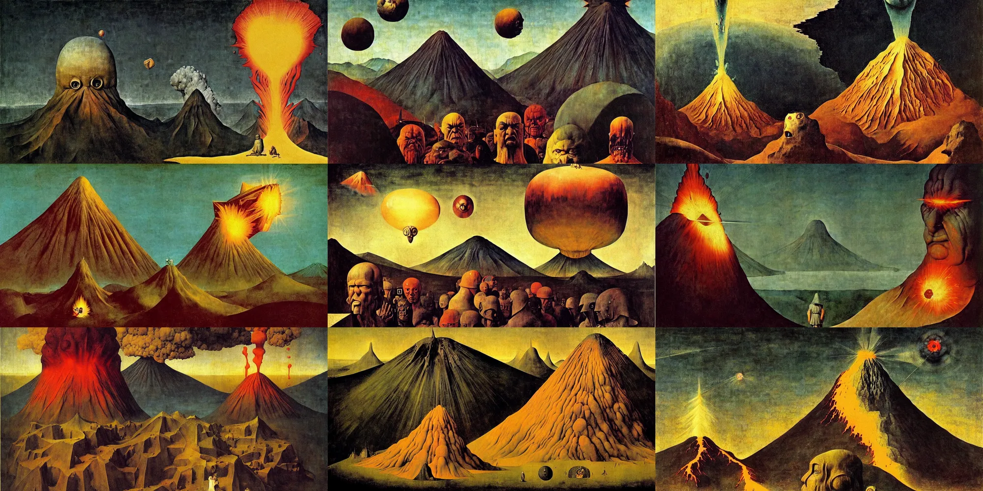 Prompt: portrait of an angry volcano, art by frank frazetta hieronymus bosch dean ellis simon stalenhag franz sedlacek rene magritte piero della francesca, hard lighting, math mc escher, rule of thirds, golden ratio, fiibonacci, phi