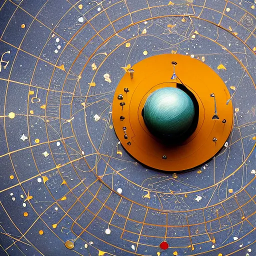 Image similar to a kinetic sculpture of this solar system, sun, orrery, canon 5 d 5 0 mm lens, papier - mache, studio, 1 9 5 4