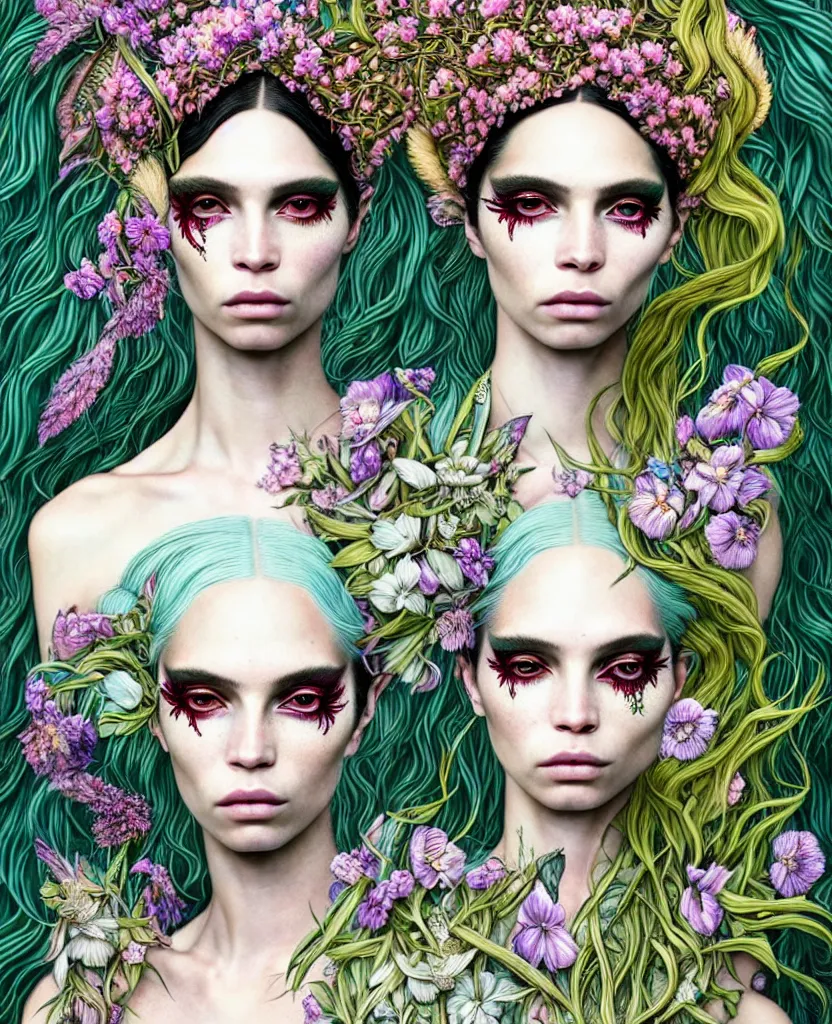 Image similar to the androgynous deity of Spring, 1 figure only, looks a blend of Grimes, Lana Del Rey, Aurora Aksnes, and Zoë Kravitz, made entirely out of flora and fauna, in a style combining Botticelli, Möbius and Æon Flux, surrealism, stunningly detailed artwork, hyper photorealistic 4K, stunning gradient colors, very fine inking lines