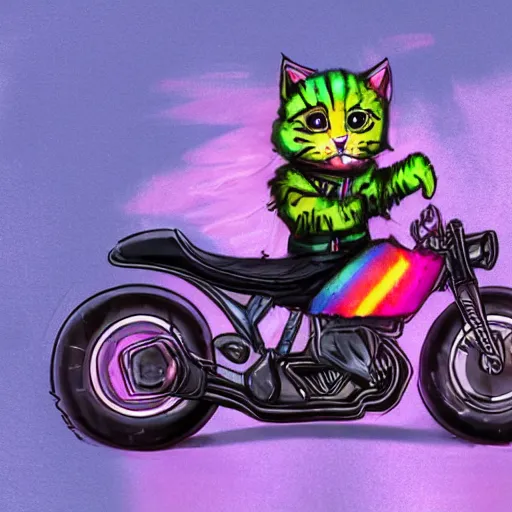 Image similar to wide angle full body, jacket wearing fluffy cute rainbow kitten wearing a black leather motorcycle jacket, riding on a motorcycle, cinematic concept art