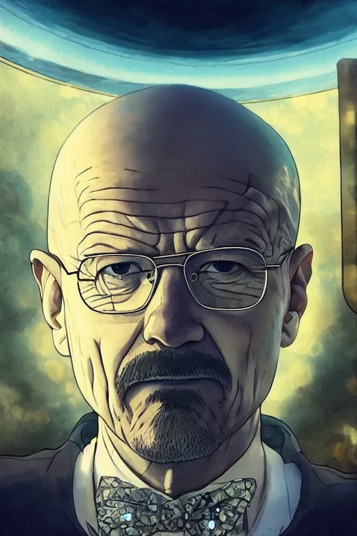 Prompt: walter white floating inside a glimmering crystal ball, high intricate details, rule of thirds, golden ratio, cinematic light, 8 k, octane render, anime style, graphic novel by fiona staples and dustin nguyen, art by beaststars and orange, peter elson, alan bean, studio ghibli, makoto shinkai