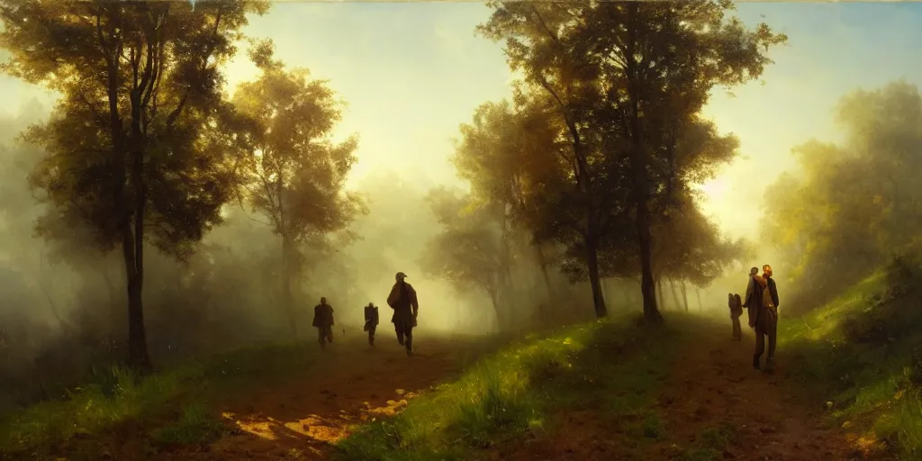 Image similar to a big hillside meadow in 1 9 4 0 with blue light on, sunny day, a men stand up on the road, mystical orange fog, oil on canvas, art by andreas achenbach, clemens ascher, tom bagshaw and sabbas apterus,