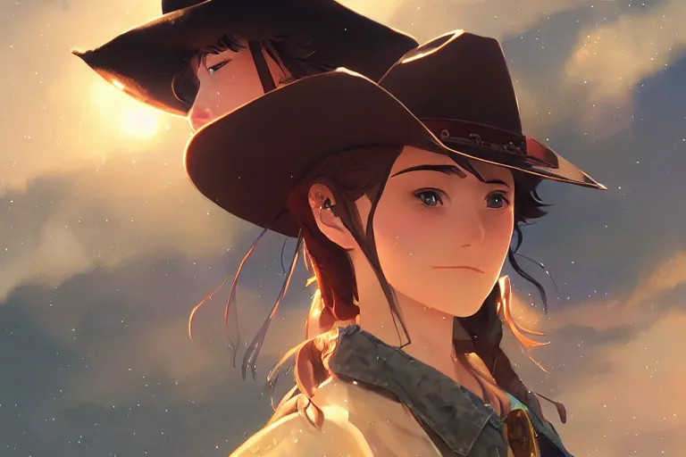 Image similar to western cowgirl, single subject, scenic full shot, ambient starry night lighting, detailed face, by makoto shinkai, stanley artgerm lau, wlop, rossdraws