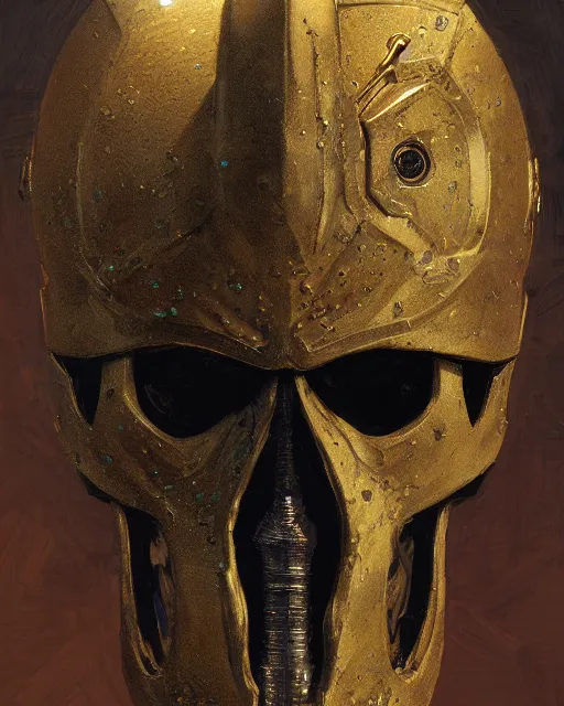 Prompt: three quarter view of a knights helmet gold skull face mask by donato giancola and greg rutkowski, vintage retro scifi, realistic face, digital art, trending on artstation