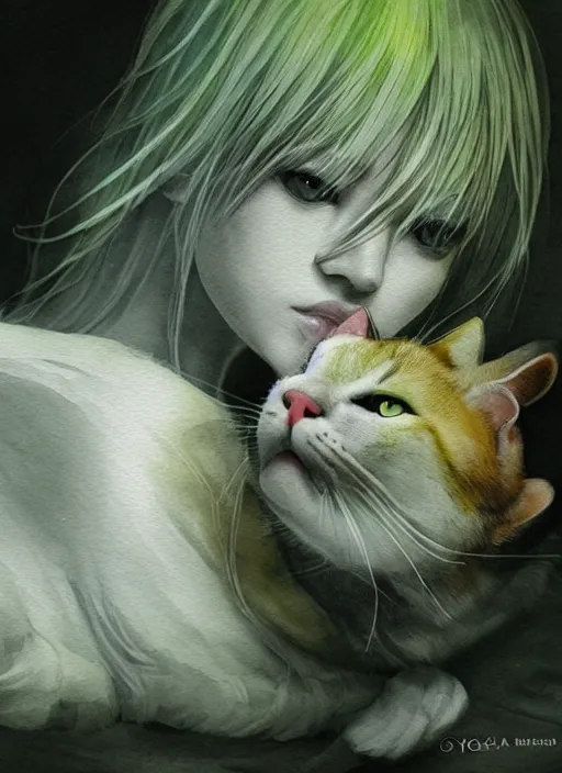 Prompt: blonde woman with green eyes kisses a grey white cat with green eyes, watercolor, dramatic lighting, cinematic, establishing shot, extremly high detail, foto realistic, cinematic lighting, pen and ink, intricate line drawings, by Yoshitaka Amano, Ruan Jia, Kentaro Miura, Artgerm, post processed, concept art, artstation, matte painting, style by eddie mendoza, raphael lacoste, alex ross