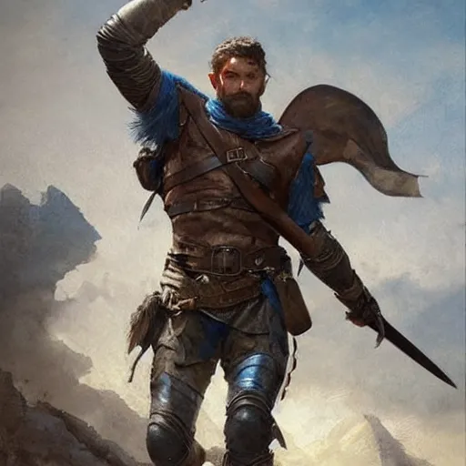 Prompt: Portrait of a rugged ranger marching toward the viewer, male, muscular, blue eyes!!!!, straight nose!!!, detailed face, exposed thighs!!!, fantasy, medieval, highly detailed, painting by greg rutkowski