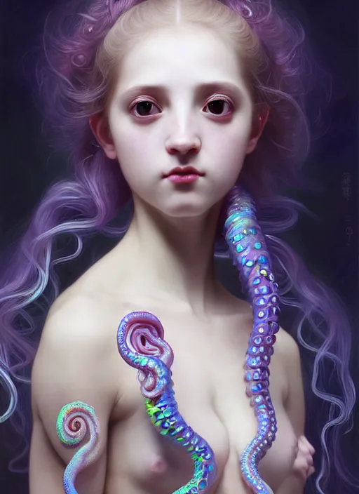 Image similar to A full shot of a cute magical monster girl wearing a dress made of opals and tentacles. Subsurface Scattering. Caustics. Prismatic light. defined facial features, symmetrical facial features. Opalescent surface. Soft Lighting. beautiful lighting. By Giger and Ruan Jia and Artgerm and WLOP and William-Adolphe Bouguereau and Loish and Lisa Frank. trending on artstation, featured on pixiv, award winning, sharp, details, intricate details, realistic, Hyper-detailed, HD, HDR, 4K, 8K.