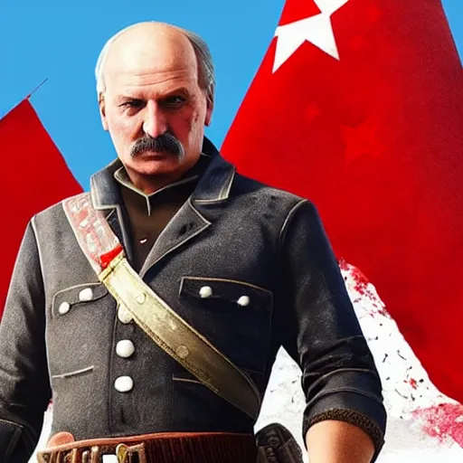 Prompt: Alexander Lukashenko with the belarussian flag in the background in Red Dead Redemption 2