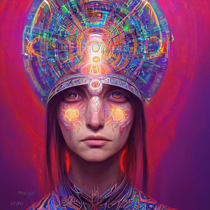 Image similar to portrait of a future metaverse ayahuasca tech shaman warrior, 2 d cartoon, visionary art, symmetric, magick symbols, holy halo, shipibo patterns, sci - fi, concept art, trending on art station, 8 k digital art, by mandy jurgens, fantasy portrait art, anime