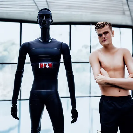 Prompt: a realistic detailed photo of a guy who is an attractive humanoid who is half robot and half humanoid, who is a male android, soccer player matthijs de ligt, shiny skin, posing like a statue, blank stare, by the pool, on display