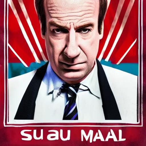 Prompt: Photo-realistic high quality Saul Goodman poster with white paint stripe across him