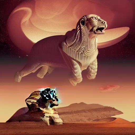 Image similar to hyperrealistic futuristic highly detailed chimera and sphinx on the mars sharp focus in the style of modern art deco and retro 8 k