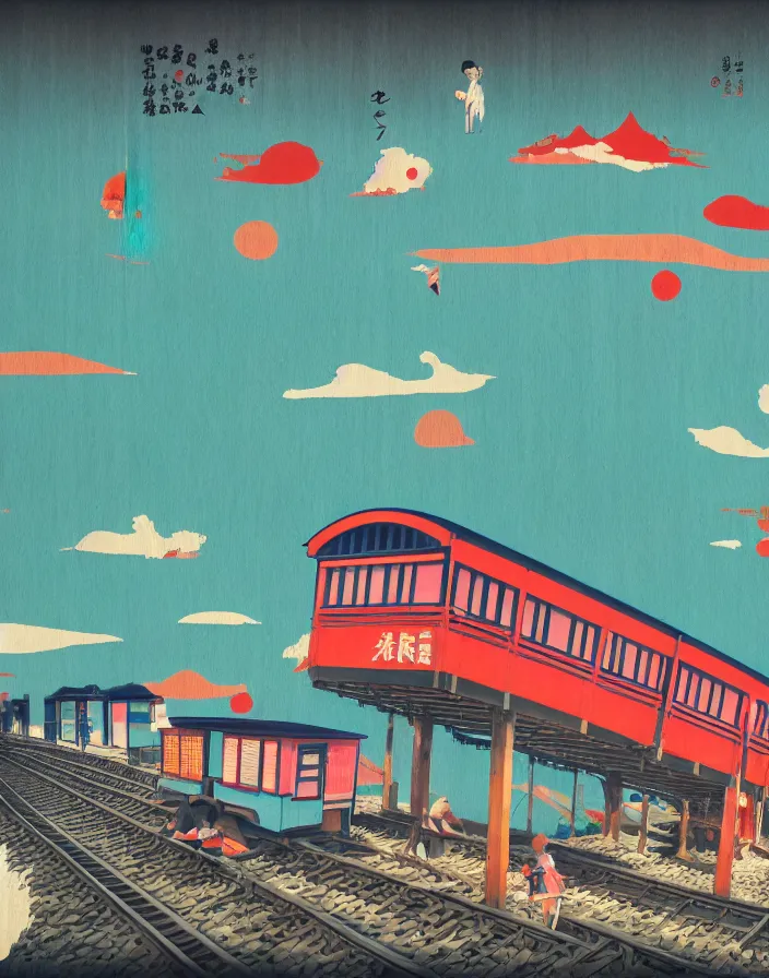 Prompt: seaside tail train rural japan, a collage painting, in the style of wes anderson, lola dupre, david hockney, isolated on negative white space background dark monochrome fluorescent spraypaint accents volumetric octane render, not double decker