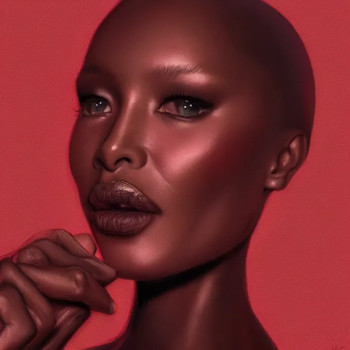 Image similar to Naomi Campbell by Elizabeth Catlett. details, smooth, sharp focus, illustration, realistic, cinematic, artstation, award winning, rgb , unreal engine, octane render, cinematic light, macro, depth of field, blur, red light and clouds from the back, highly detailed epic cinematic concept art CG render made in Maya, Blender and Photoshop, octane render, excellent composition, dynamic dramatic cinematic lighting, aesthetic, very inspirational, arthouse.