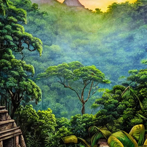 Image similar to Beautiful picturesque Mayan ruins in a lush mountainous jungle at sunrise. Beautiful light. Water and plants. Beautiful detailed watercolor by Lurid. (2022). 4K.