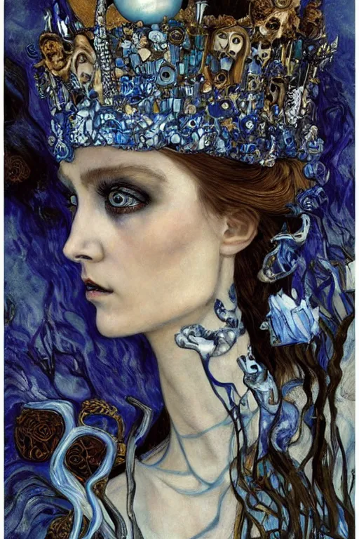 Image similar to The Princess of Bones by Karol Bak, Jean Deville, Gustav Klimt, and Vincent Van Gogh, portrait of a porcelain princess wearing a crown in catacombs, porcelain ball-joint doll face with blue painted tattoos, pale blue eyes, hair made of shimmering ghosts, mystic eye, otherworldly, crown made of bones, catacombs, ornate jeweled crown, skulls, fractal structures, arcane, inscribed runes, infernal relics, ornate gilded medieval icon, third eye, spirals