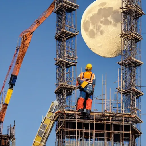 Image similar to two construction workers removing the moon from the sky