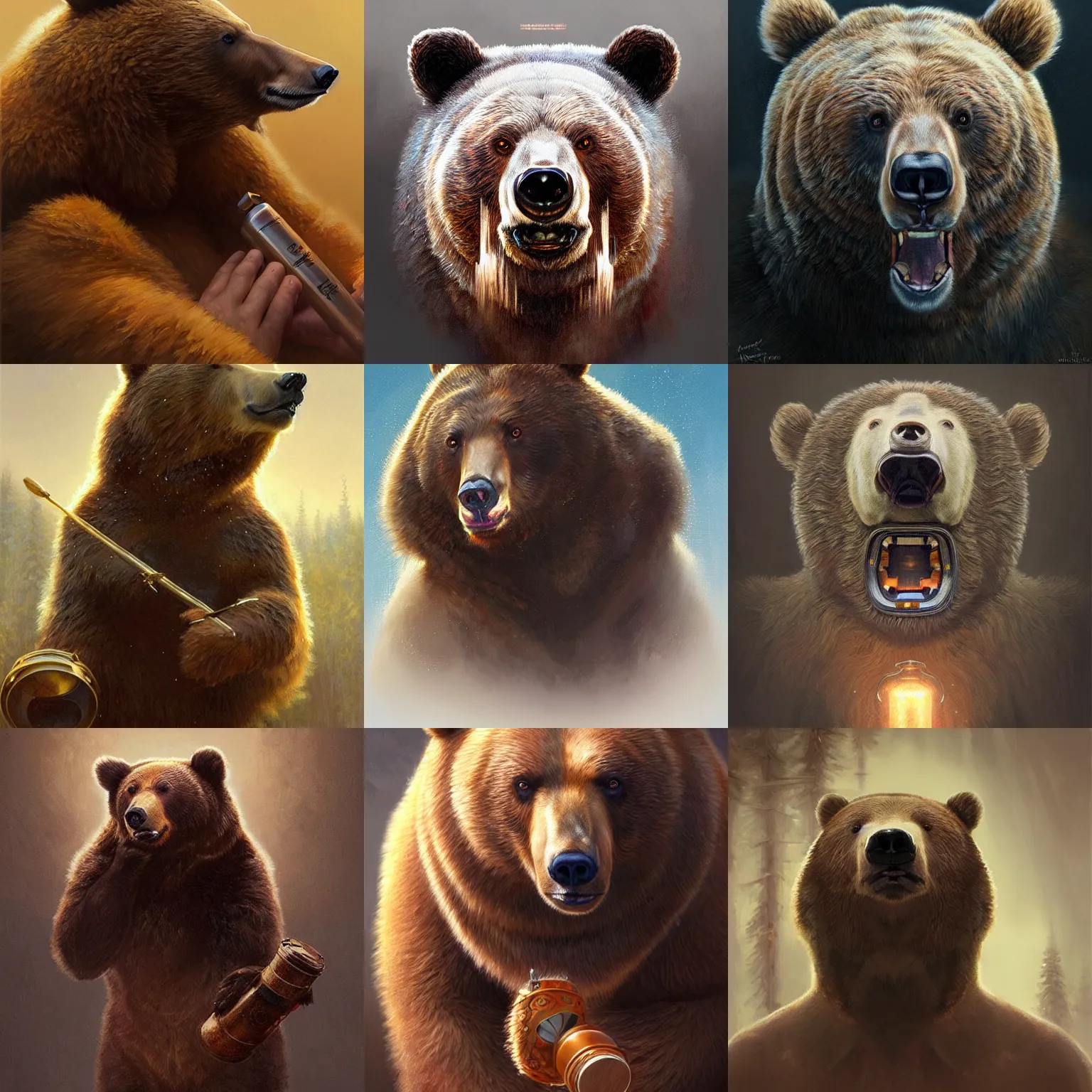 Prompt: realistic bear playing russian tambouras, realistic portrait, symmetrical, highly detailed, digital painting, artstation, concept art, smooth, sharp focus, illustration, cinematic lighting, art by artgerm and greg rutkowski and alphonse mucha