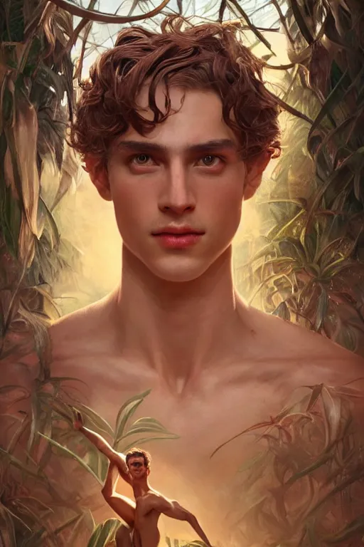 Image similar to stunningly beautiful, male prima ballerina in jungle, symmetrical face, golden hour, smooth, focus, highly detailed, hyper realistic, dramatic lighting, elegant, intricate, concept art, art by wlop, mars ravelo, greg rutowski, artstation