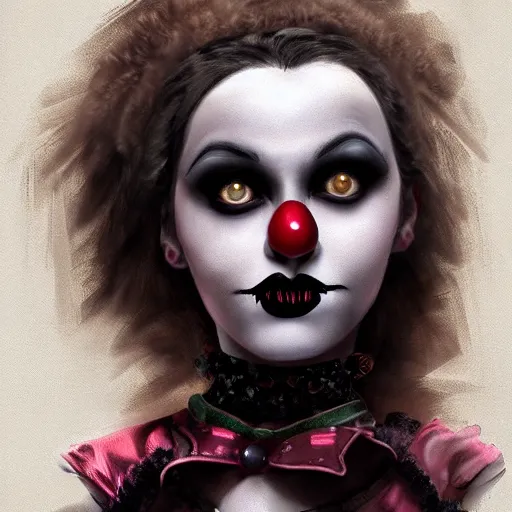 Image similar to goth clown girl, painting, highly detailed, artstation, realistic, beautiful, attractive