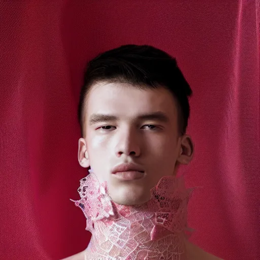 Prompt: a portrait of a beautiful young male wearing an alexander mcqueen armor made of pink lace , photographed by andrew thomas huang, artistic