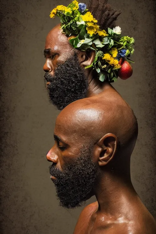 Image similar to African man's face in profile, long beard, made of flowers and fruit, in the style of the Dutch masters and Gregory crewdson, dark and moody