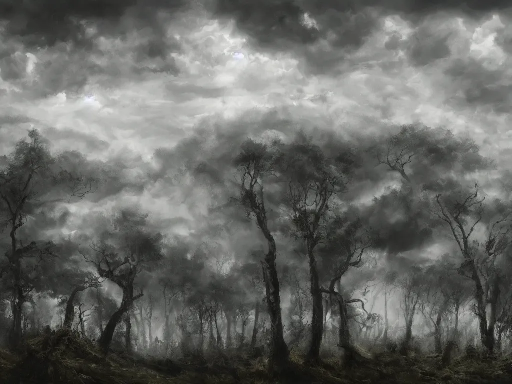 Image similar to detailed landscape, forests. very detailed dark super storm, hyper realistic clouds, impressive, magical, very atmospheric, smoke boiling, cinematic, deep, very high complexity, stunning, dramatic masterpiece, chiaroscuro, in the style of david holland and laura den hertog and michael creese, very detailed. 4 k