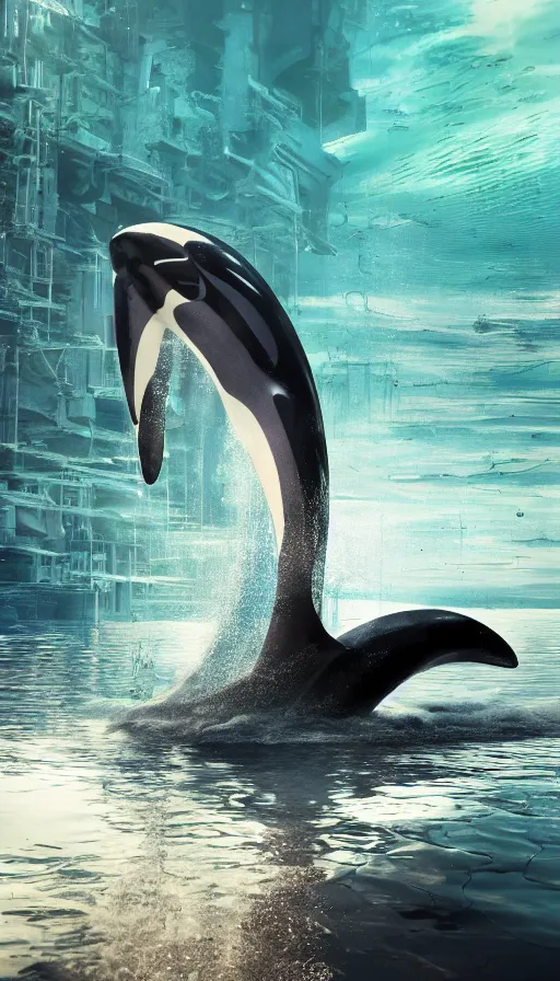 Image similar to color pentax photograph of a biomechanical orca spirit emerging from the sea, made up of bits of plastic and skin and metal, shiny, wet, made of nanomaterials, metallic, cyberpunk, post apocalyptic, hyper realistic, epic angle, beautiful composition, octane render, unreal engine render, 8k, super detailed, SLICK!!