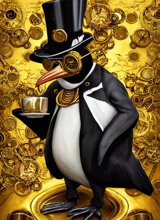 Prompt: athropomorphized rich penguin capitalist sitting on pile of gold, wearing steampunk top hat, goggles, drinking tea, concept art, insanely detailed and intricate, hypermaximalist, elegant, ornate, hyper realistic, super detailed, art deco, cinematic, trending on artstation, magic the gathering artwork, centered