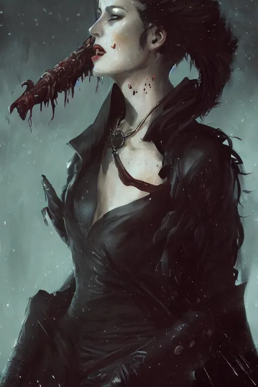 Image similar to A portrait of an attractive women vampire by Greg Rutkowski, Sung Choi, Mitchell Mohrhauser, Maciej Kuciara, Johnson Ting, Maxim Verehin, Peter Konig, Bloodborne, 8k photorealistic, cinematic lighting, HD, high details, dramatic, dark atmosphere, trending on artstation