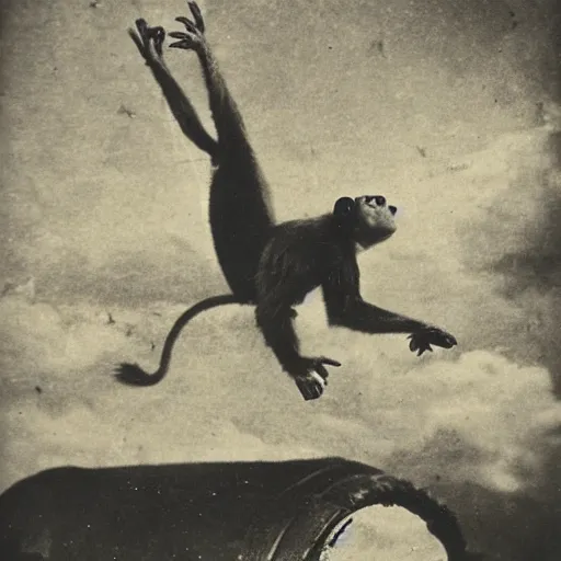Prompt: 1800s photo of a monkey riding a missile through the sky
