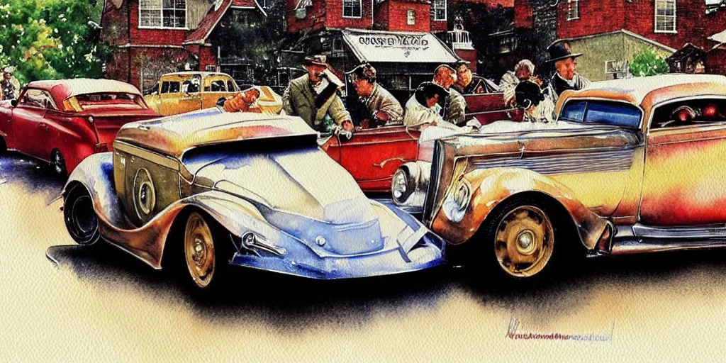 Image similar to a watercolor painting of a car moving at high speed, detailed, the car has a metallic texture ， bynorman rockwell, jacob collins