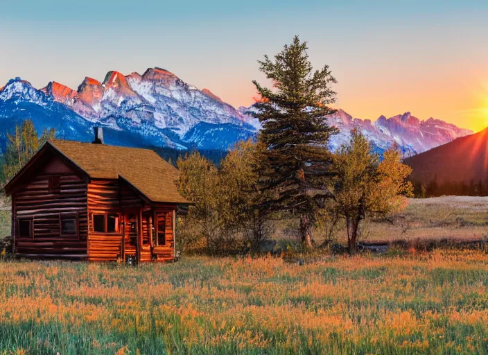 Image similar to watercolor cabin in a field with rocky mountains as a backdrop, sun setting
