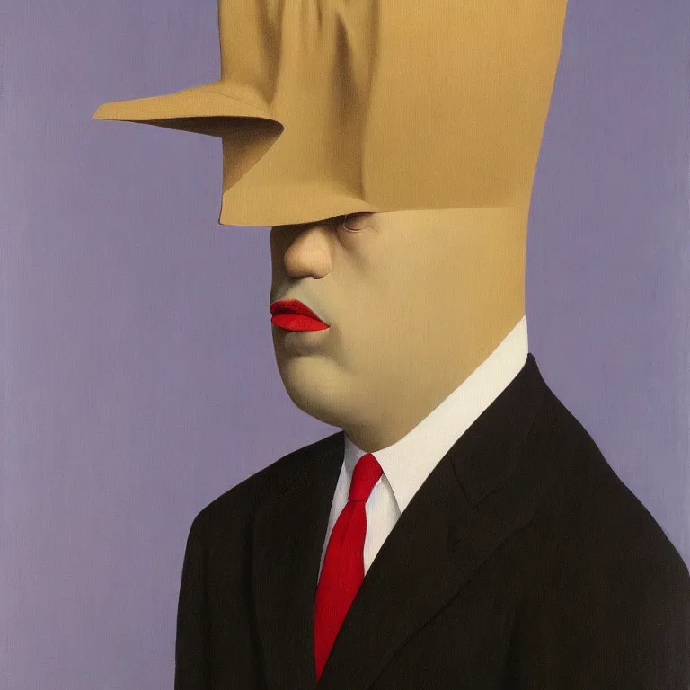 Prompt: portrait of man in a suit with covered head by rene magritte, detailed painting, hd, hq, high resolution, high detail, 4 k, 8 k