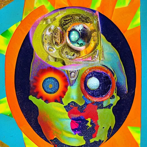 Prompt: a pill capsule breaking apart into skulls and sunburst, psychedelic, mixed media collage, by nat girsberger and hannah hoch