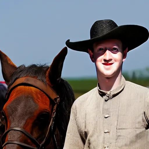 Prompt: amish mark zuckerberg wearing traditional amish clothes and a straw hat riding a horse and buggy associated press