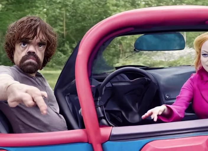 Prompt: peter dinklage and emma stone driving a little tikes cozy coupe, movie still, from the new smokey and the bandit movie, 8 k, realistic