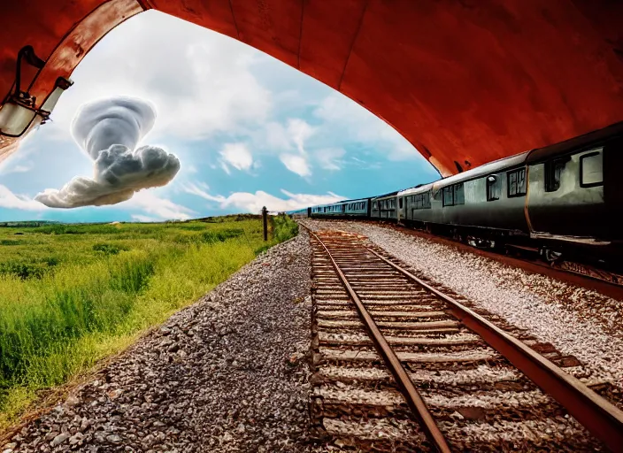 Prompt: cloud in the sky in the shape of a train, professional photography, national geographic