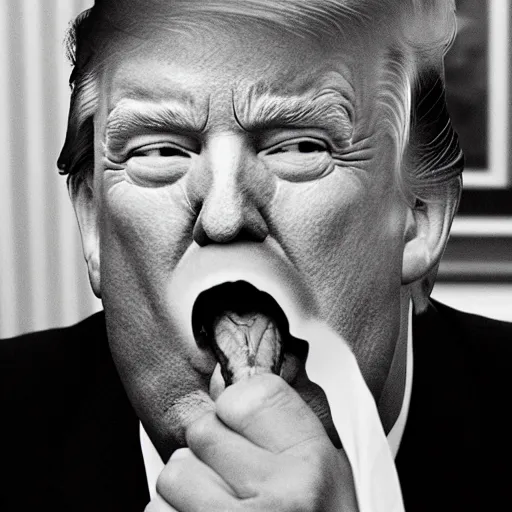 Prompt: candid portrait photo of president trump shoves wads of classified documents into his mouth, eating paper like it's lunch, in the oval office, detailed portrait, 2 4 mm lens, ap press photo new york times, sony 4 k camera