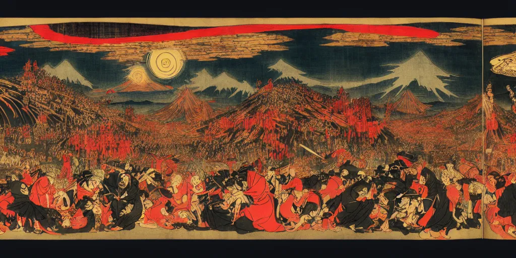 Prompt: Dante's Inferno, by Utagawa Kuniyoshi, dramatic lighting, high contrast colors, panoramic view, as trending on Artstation,