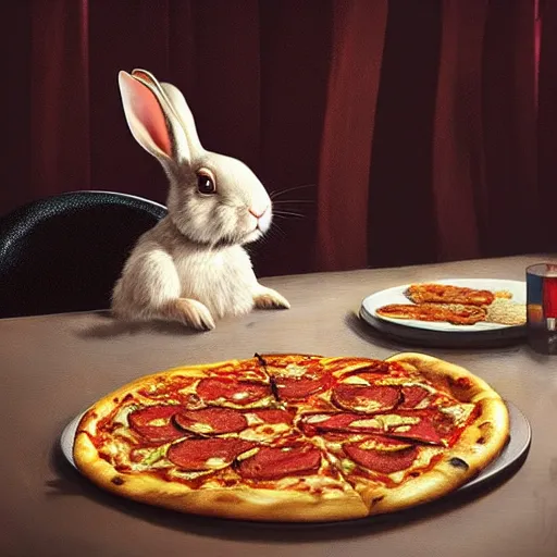 Prompt: a rabbit smiling and eating pizza in a pizzeria by greg rutkowski and thomas kinkade, trending on artstation, 3 d render octane