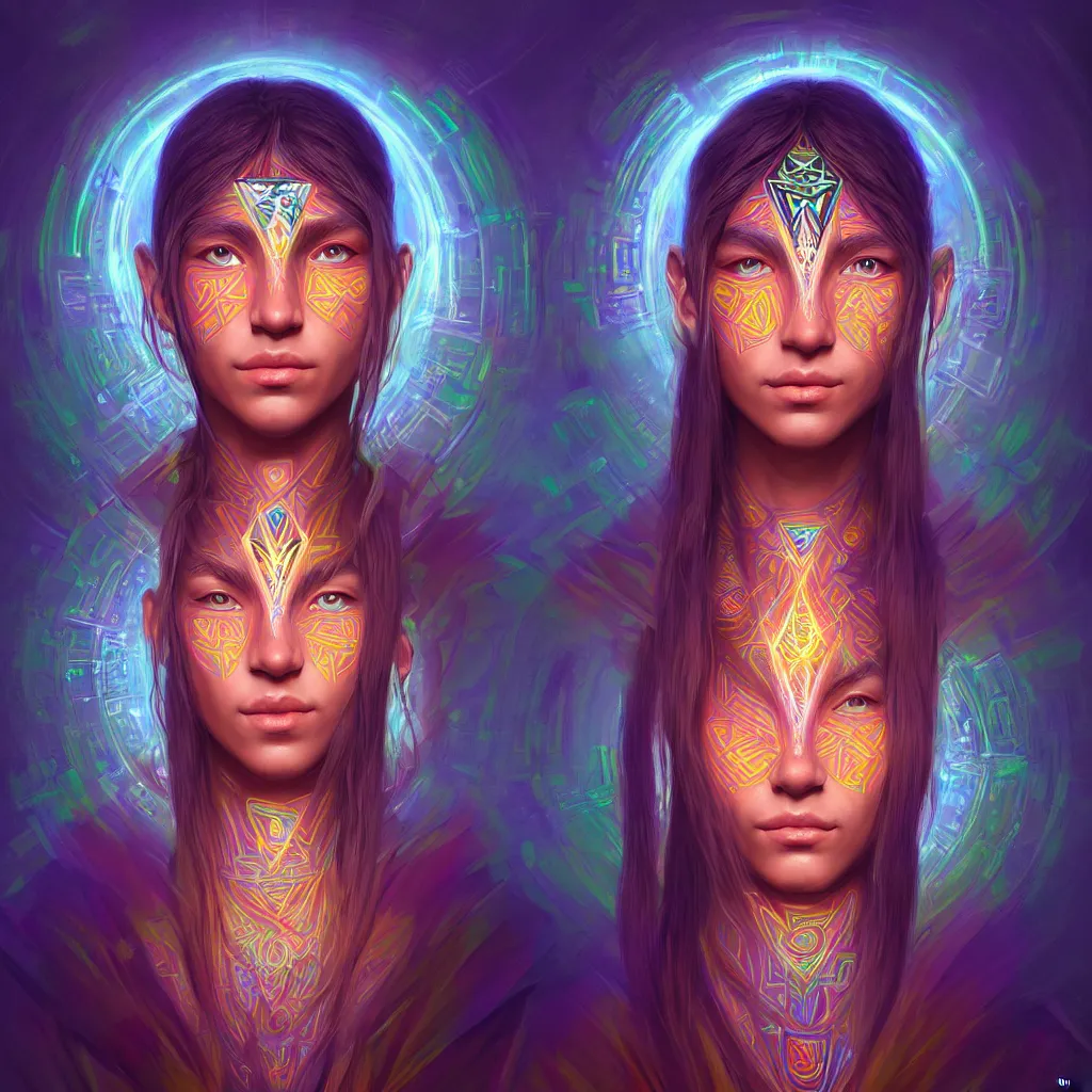 Image similar to portrait of a future metaverse ayahuasca tech shaman warrior, 2 d cartoon, visionary art, symmetric, magick symbols, holy halo, shipibo patterns, sci - fi, concept art, trending on art station, 8 k digital art, by mandy jurgens, fantasy portrait art, anime