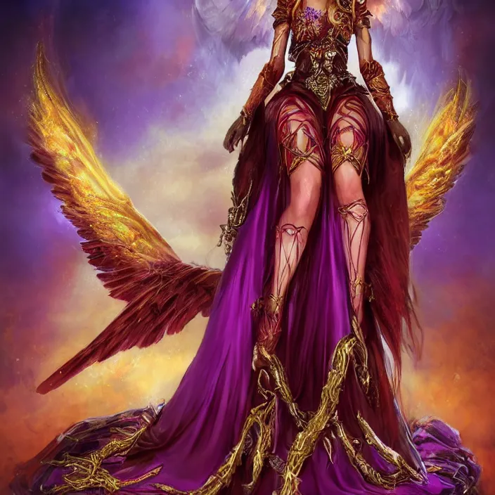 Image similar to Princess sorceress with red flaming bird wings on her back and sitting on an ornate throne dressed in a fancy long purple dress, beautiful hyper realistic face with a Slight smile and open eyes, Fantasy, Half Body Portrait, High detail, hyper realistic, planeswalker