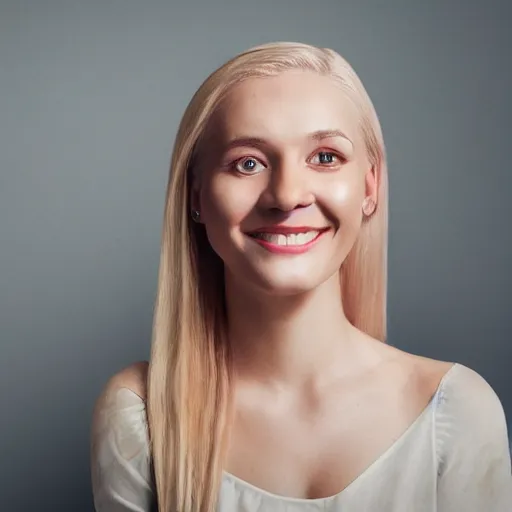 Prompt: portrait painting of woman from scandinavia, 2 0, years old, blonde hair, daz, occlusion, smiling and looking directly, brushstrokes, white background, art