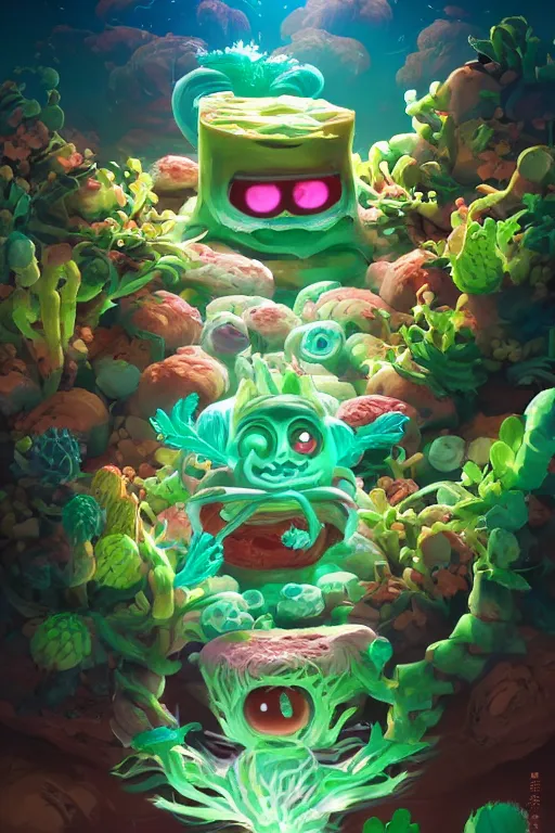 Image similar to roots cactus sushi cristal smurf ghost creature animal sushi cristal very big eye roots cactus elemental flush of force nature micro world fluo fishscale, behance hd by jesper ejsing, by rhads, makoto shinkai and lois van baarle, ilya kuvshinov, rossdraws radiating a glowing aura global illumination ray tracing hdr