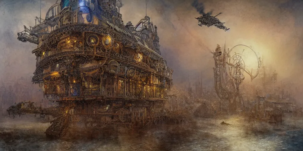 Prompt: a hiper intricate watercolor of a beatiful steampunk airship station, intricate, highly detailed, digital painting, artstation, concept art, extremely detailed, sharp focus, wide view, smooth, digital illustration, colorfull, by william turner art, by greg rutowski, by carl larson, by edmund dulac
