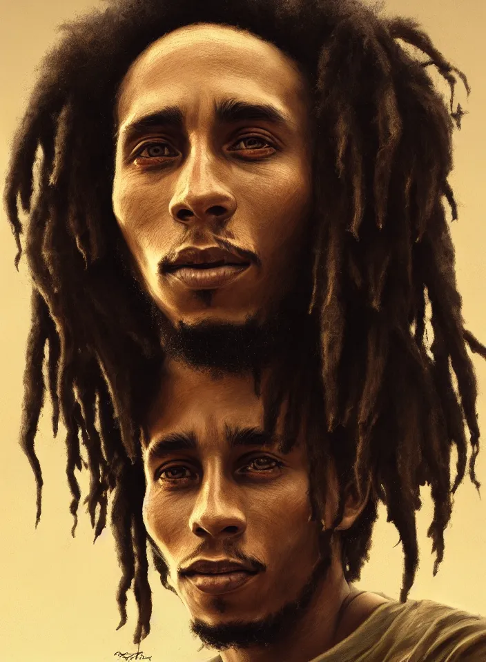 Image similar to closeup portrait of a young bob marley, serene light, gorgeous view, depth, high detail, digital art, painted by greg rutkowski and seb mckinnon, by tim burton, trending on artstation