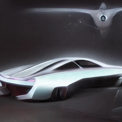 Prompt: full view of a car, painted in white holographic pearlescent, elegant, digital painting, concept art, smooth, sharp focus, art style from Wang Ke and Greg Rutkowski and Bruce Kaiser and Scott Robertson and Dmitry Mazurkevich and Doruk Erdem and Jon Sibal, small style cue from Blade Runner